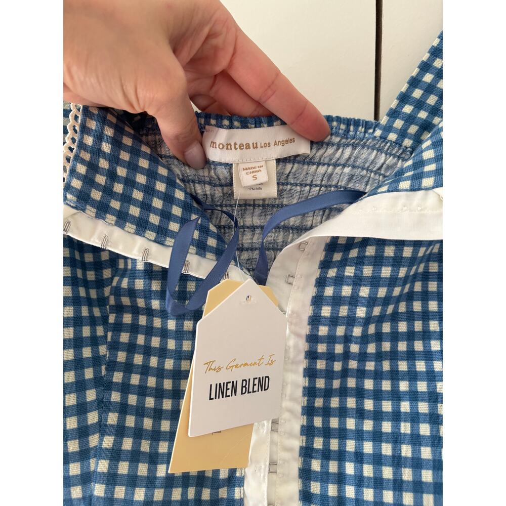 Monteau Los Angeles Blue White Gingham Crop Top S - Picture 6 of 7